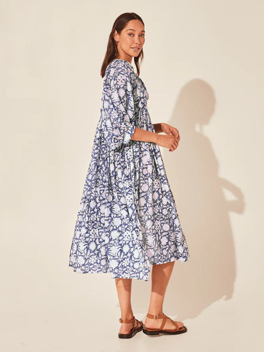 Floral Tie Neck Lantern Sleeve Dress - The Beaucoup Home