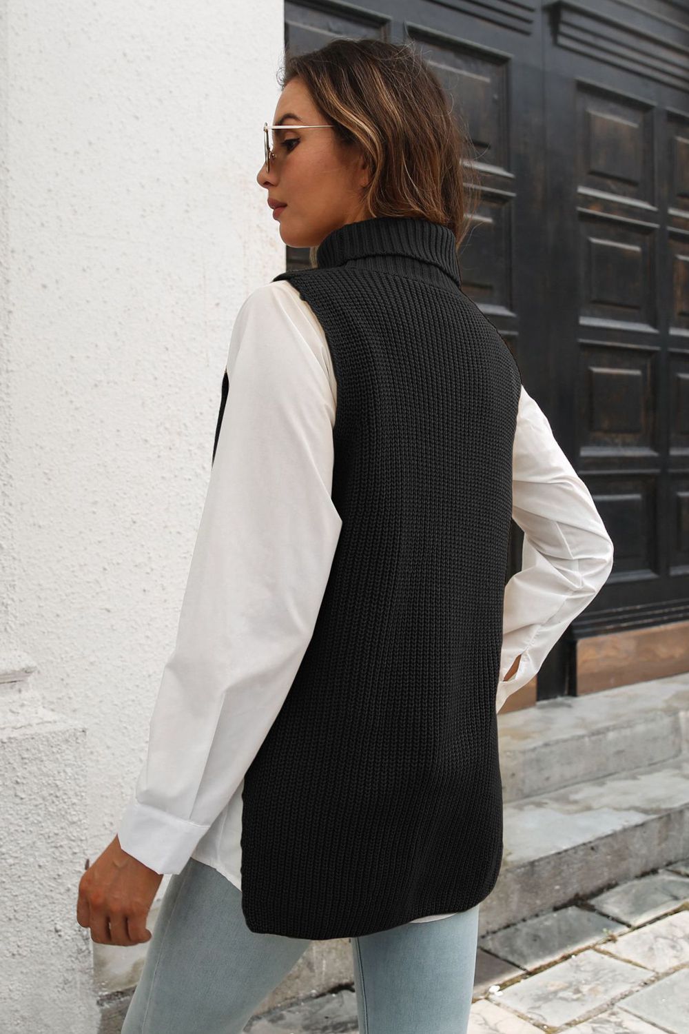 Ribbed Mock Neck Sleeveless Sweater Vest - The Beaucoup Home