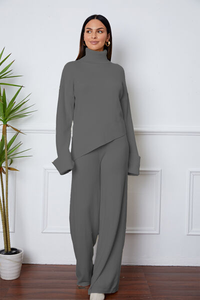 Turtleneck Dropped Shoulder Top and Pants Sweater Set - The Beaucoup Home