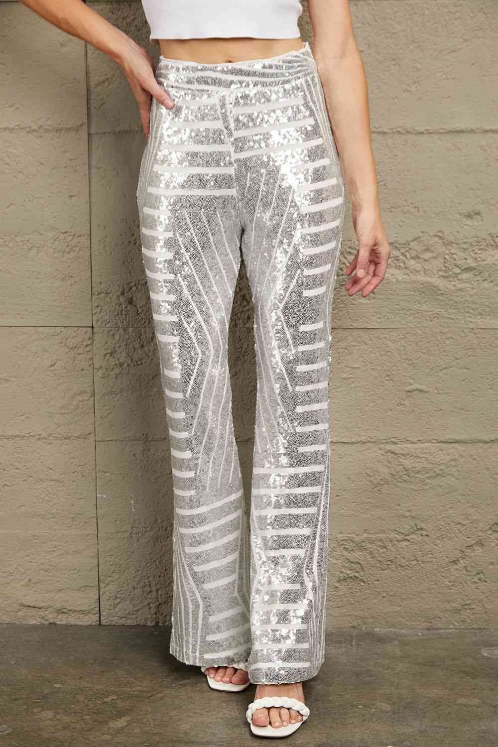 Double Take Sequin High Waist Flared Pants - The Beaucoup Home