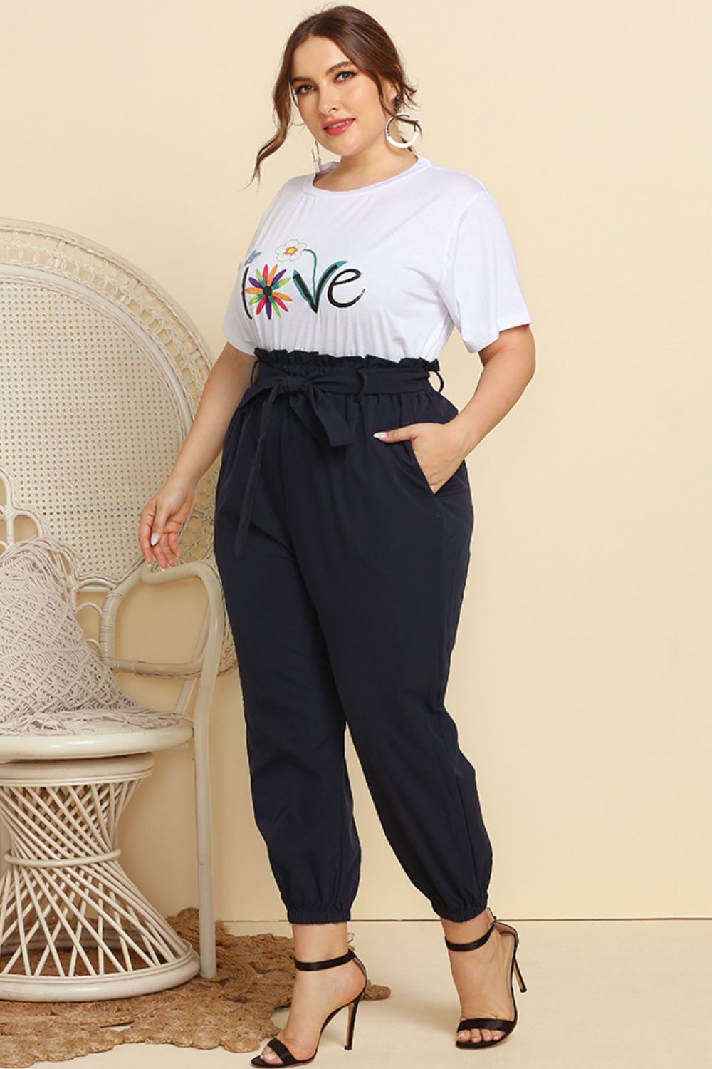 Graphic Tee and Belted Paperbag Joggers Set - The Beaucoup Home