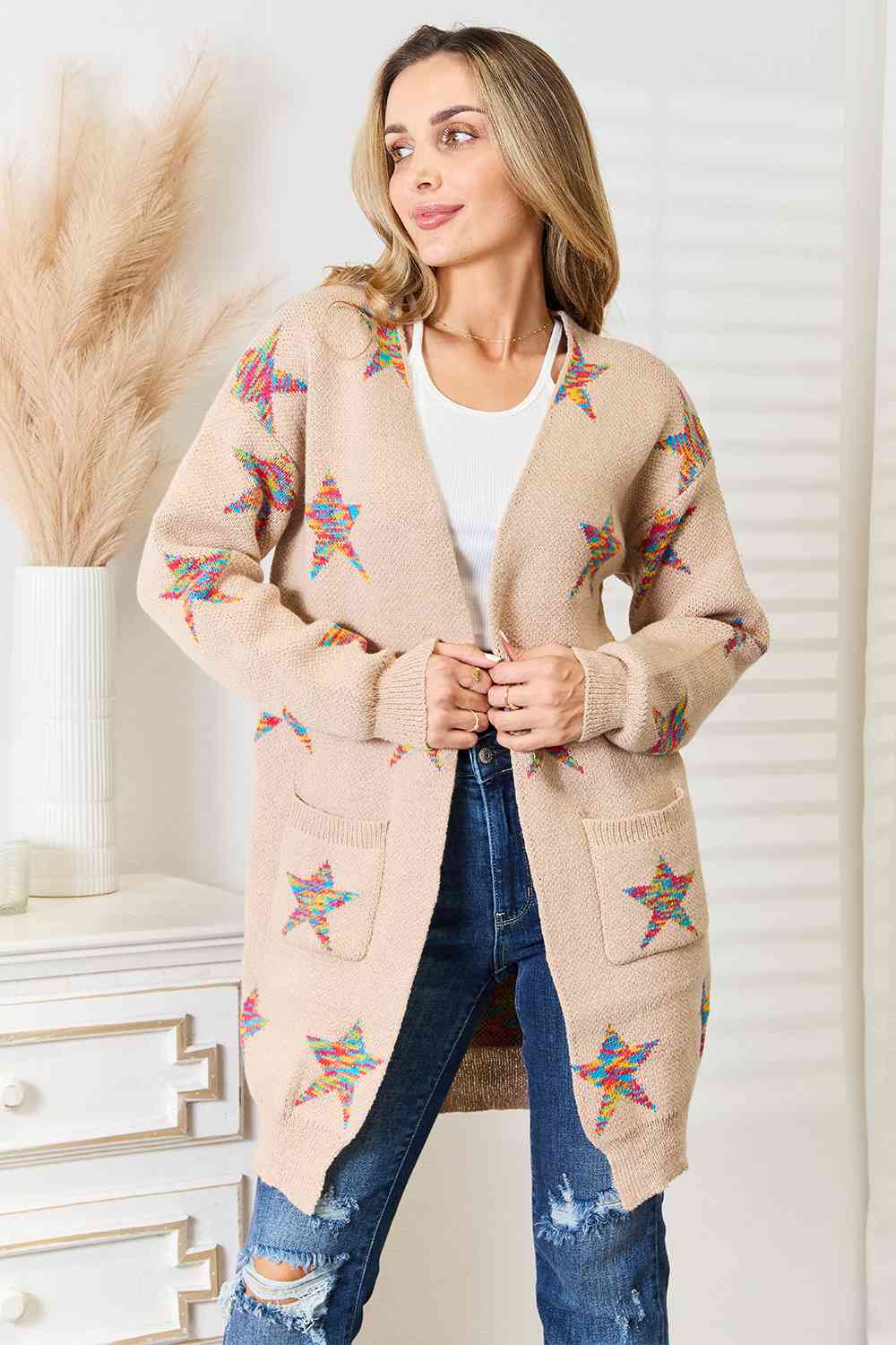 Double Take Star Pattern Open Front Longline Cardigan - The Beaucoup Home