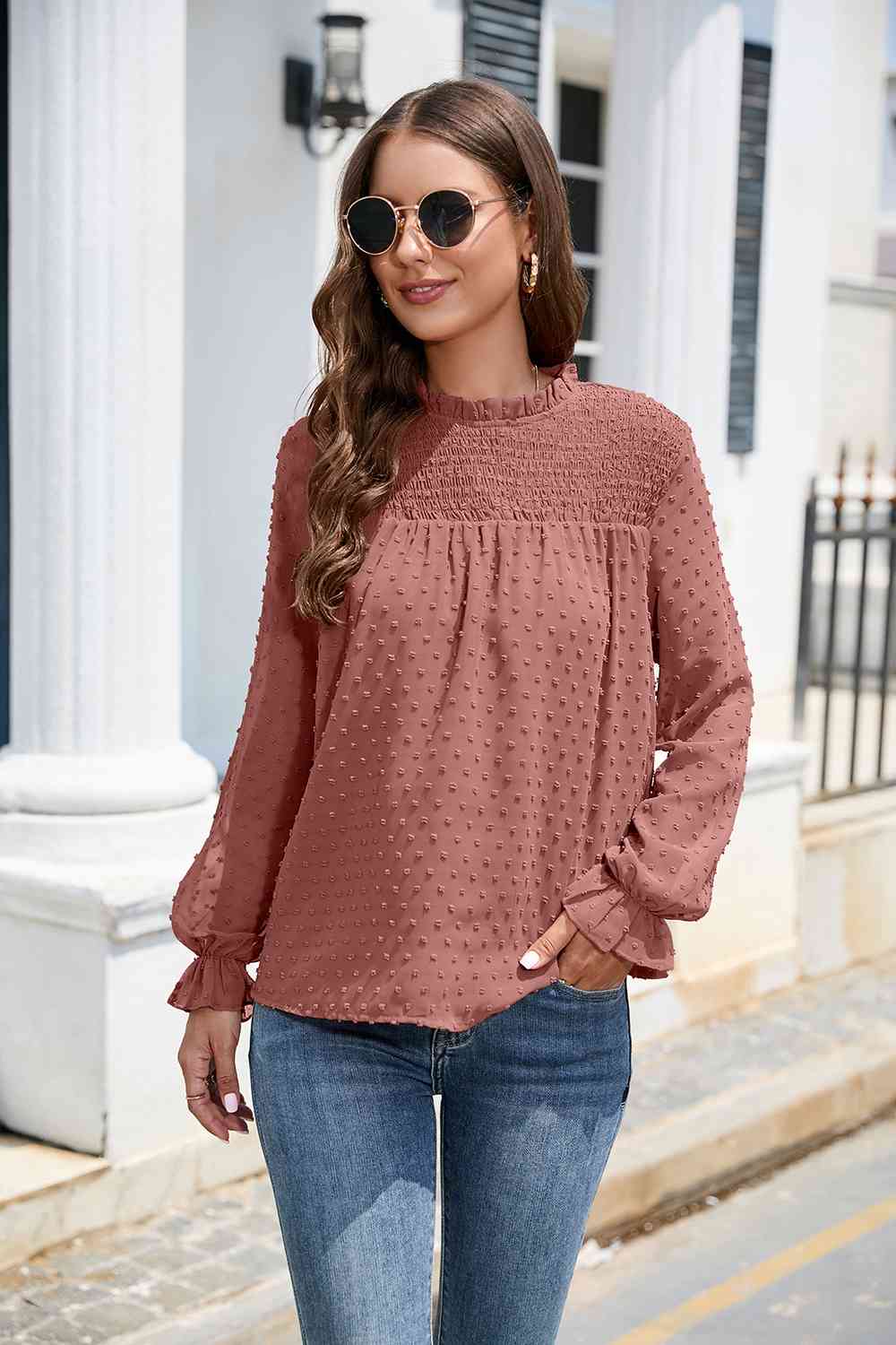 Smocked Mock Neck Swiss Dot Top - The Beaucoup Home