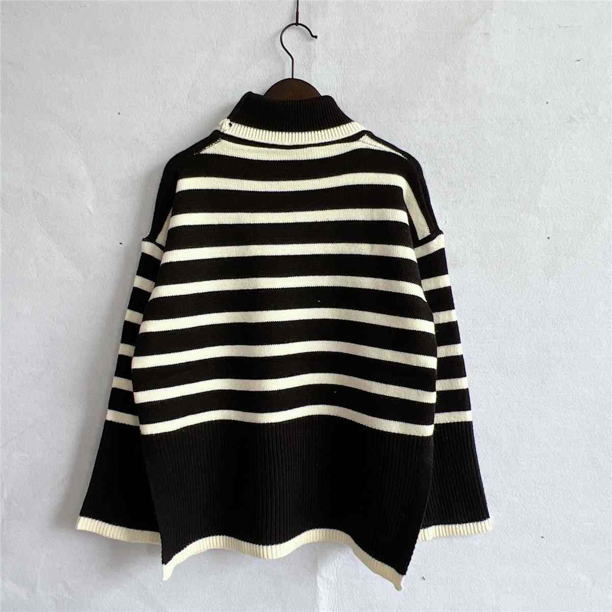 Striped Turtleneck Flare Sleeve Sweater - The Beaucoup Home