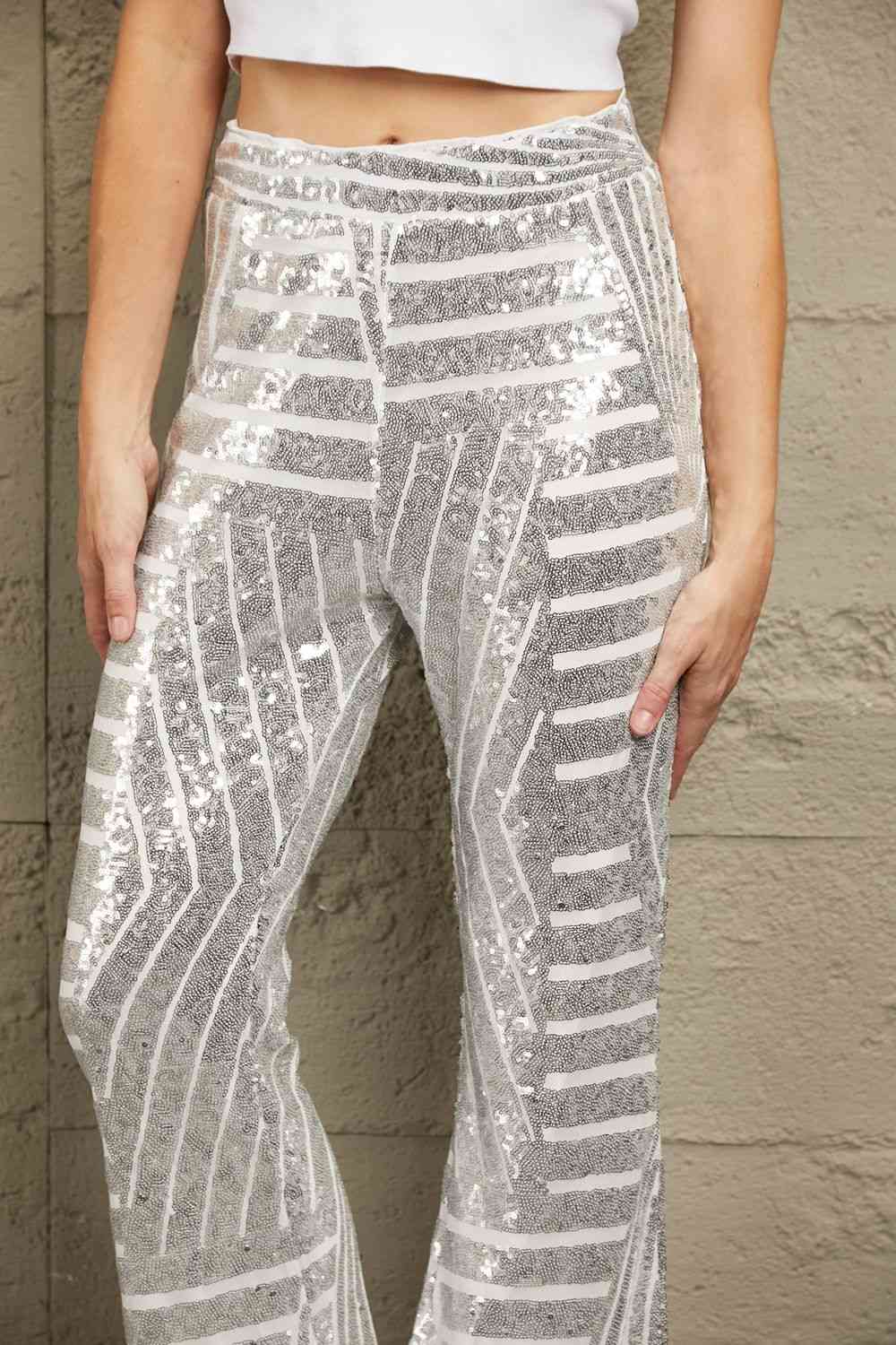 Double Take Sequin High Waist Flared Pants - The Beaucoup Home