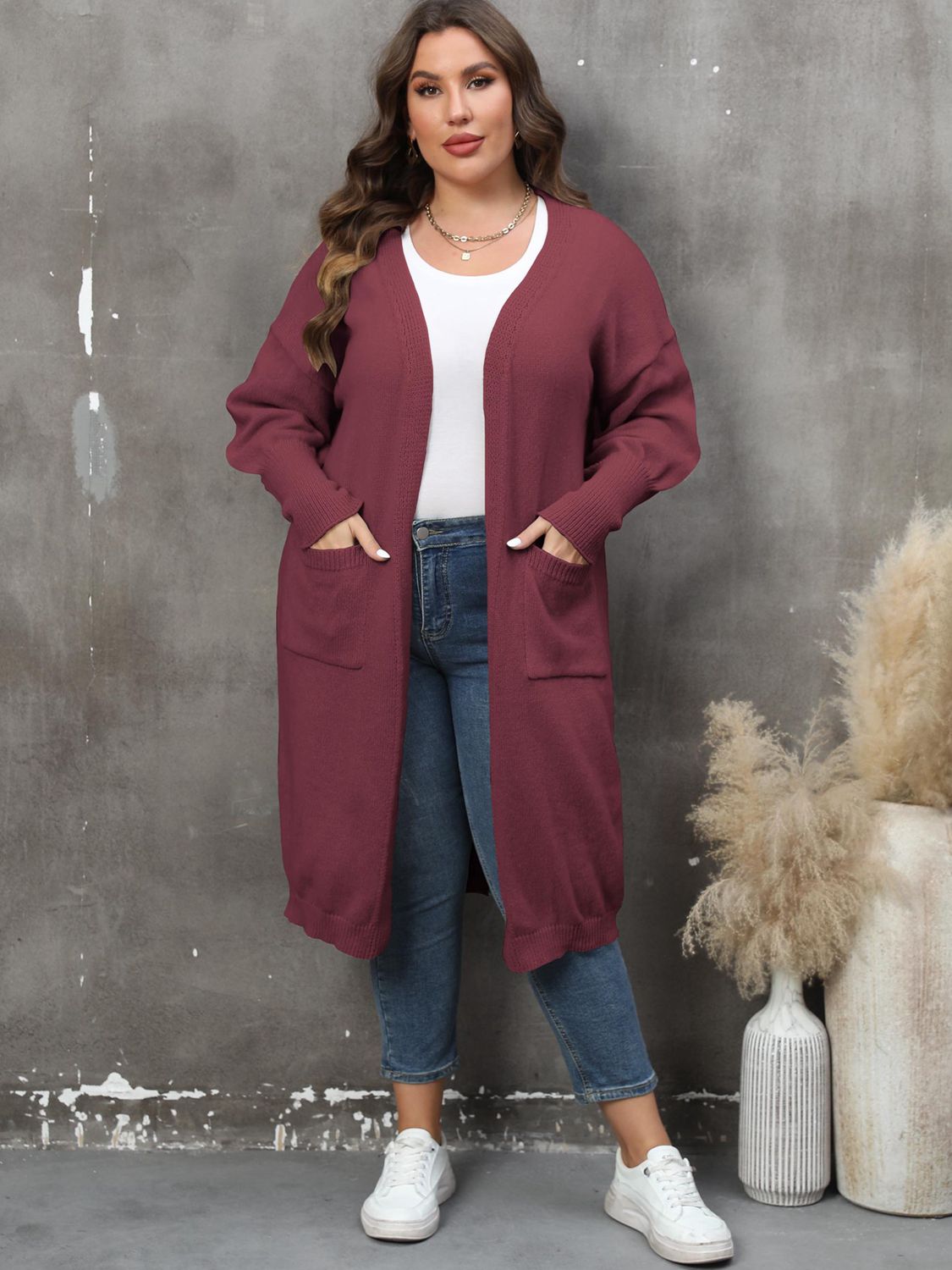 Plus Size Long Sleeve Pocketed Cardigan - The Beaucoup Home