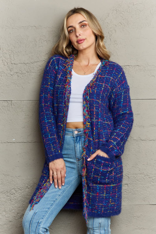 Plaid Fringe Trim Open Front Longline Cardigan - The Beaucoup Home