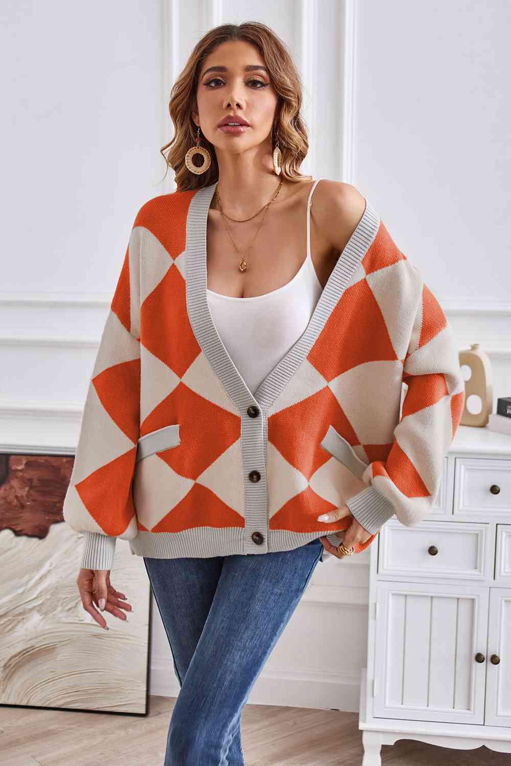 Geometric Lantern Sleeve Cardigan with Pockets - The Beaucoup Home