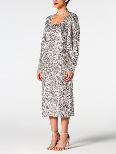 Sequin Cardigan and Straight Dress Set - The Beaucoup Home