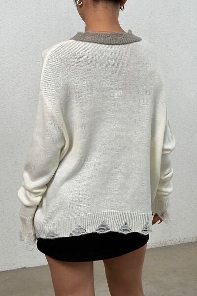 Distressed V-Neck Dropped Shoulder Sweater - The Beaucoup Home