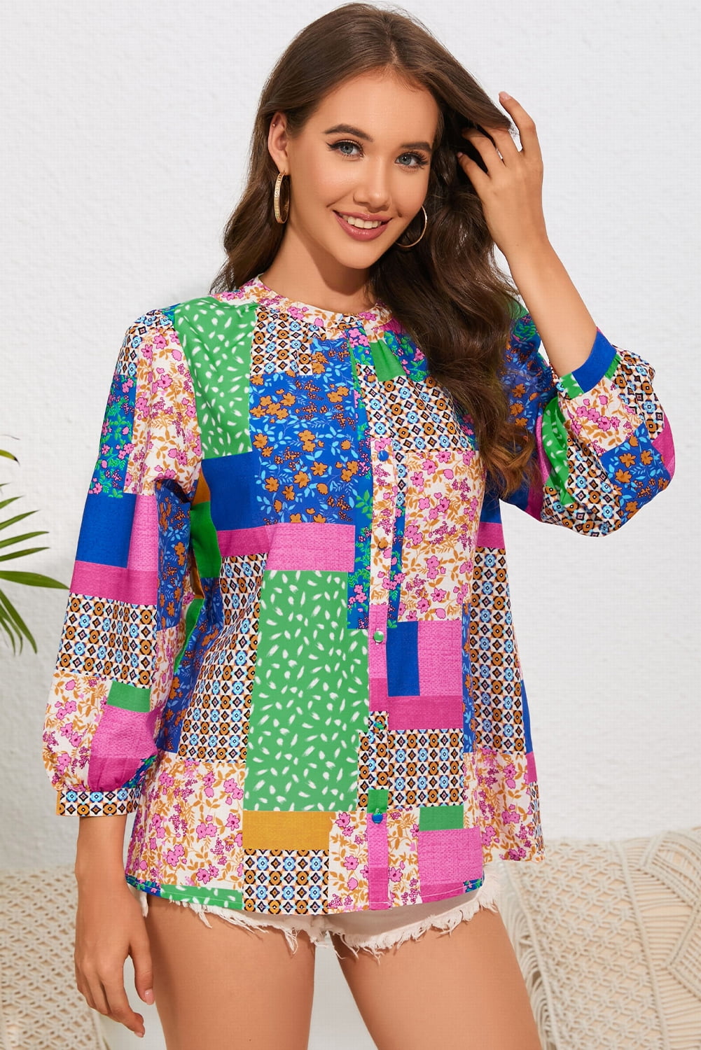 Patchwork Round Neck Shirt - The Beaucoup Home