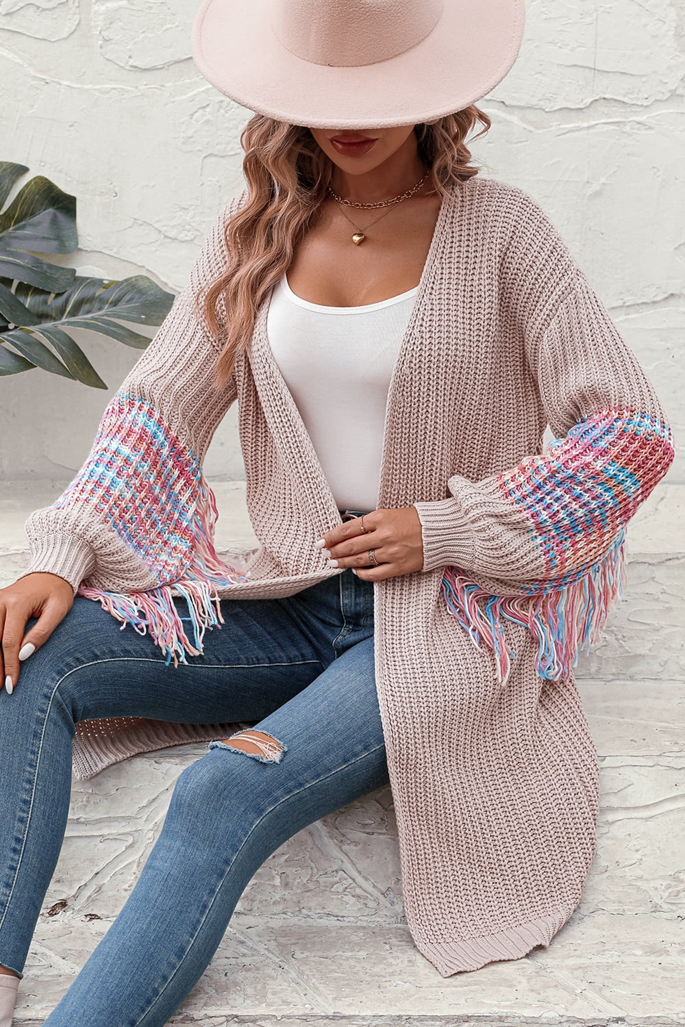 Fringe Sleeve Dropped Shoulder Cardigan - The Beaucoup Home