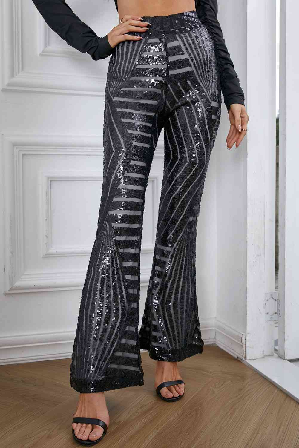 Double Take Sequin High Waist Flared Pants - The Beaucoup Home