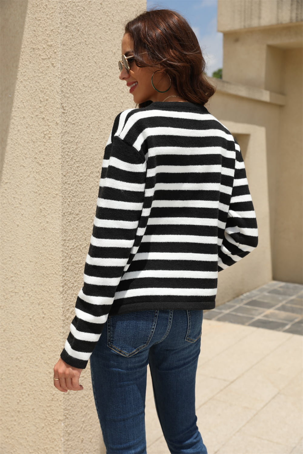 Striped Round Neck Button-Down Dropped Shoulder Cardigan - The Beaucoup Home