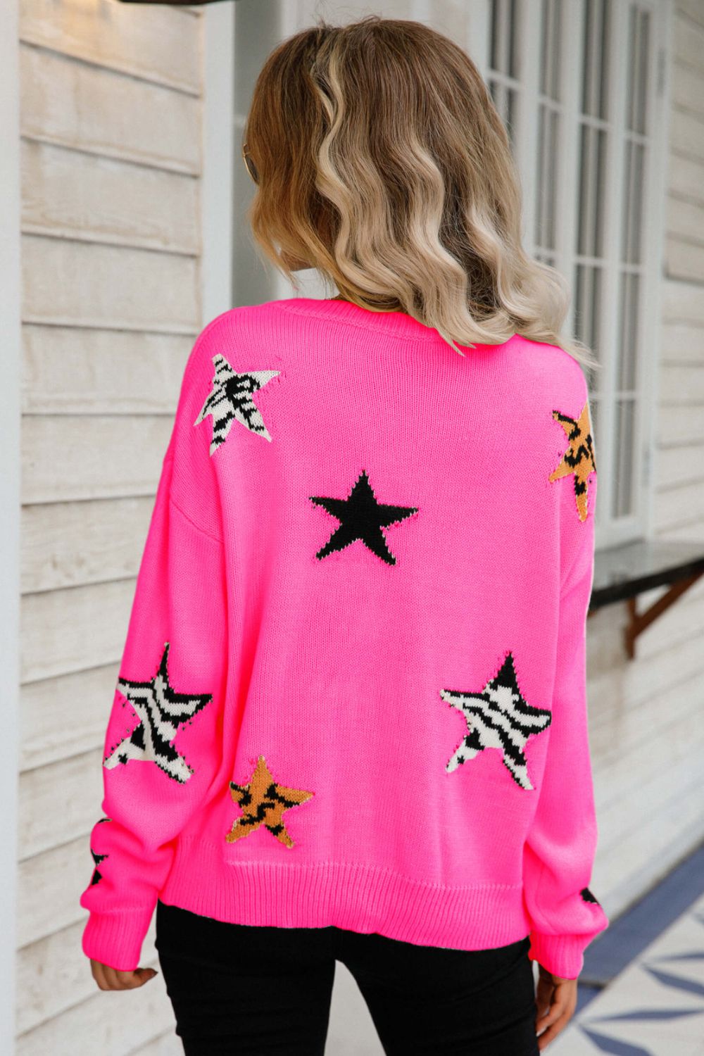 Star Pattern Round Neck Dropped Shoulder Sweater - The Beaucoup Home