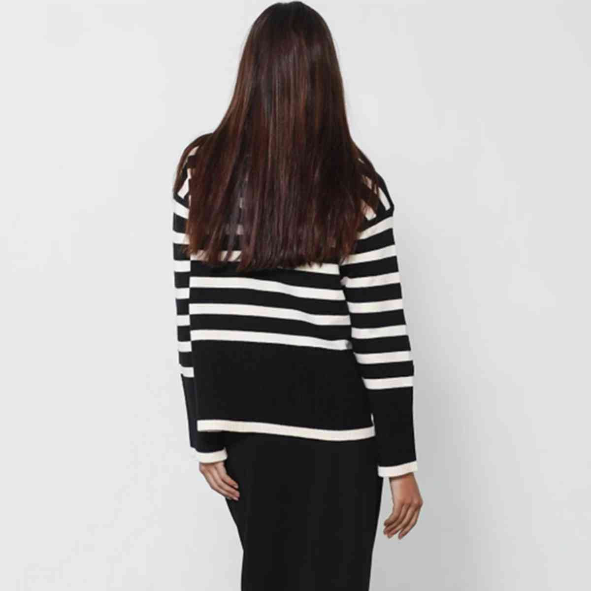 Striped Turtleneck Flare Sleeve Sweater - The Beaucoup Home