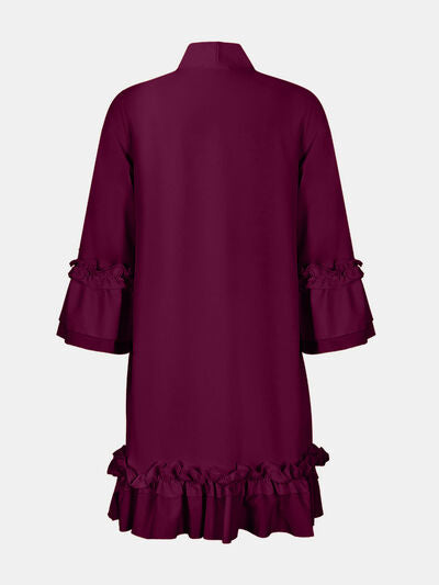 Frill Tie Neck Three-Quarter Sleeve Dress - The Beaucoup Home