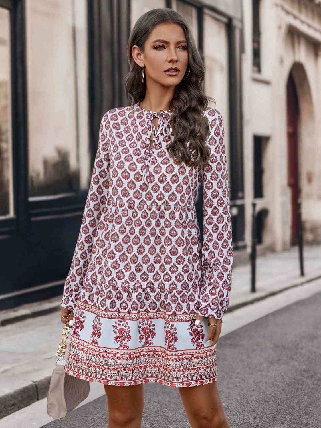 Printed Tie Neck Long Sleeve Dress - The Beaucoup Home