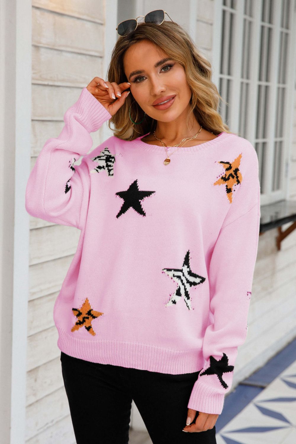 Star Pattern Round Neck Dropped Shoulder Sweater - The Beaucoup Home