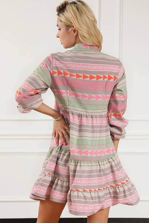 Tiered Notched Balloon Sleeve Buttoned Dress - The Beaucoup Home