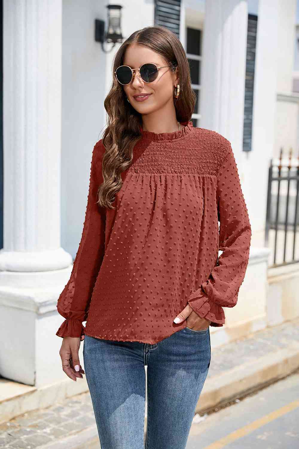 Smocked Mock Neck Swiss Dot Top - The Beaucoup Home