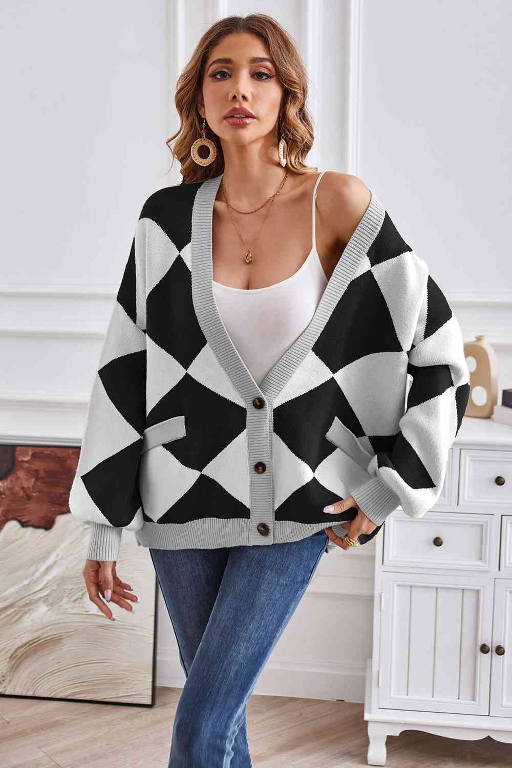 Geometric Lantern Sleeve Cardigan with Pockets - The Beaucoup Home