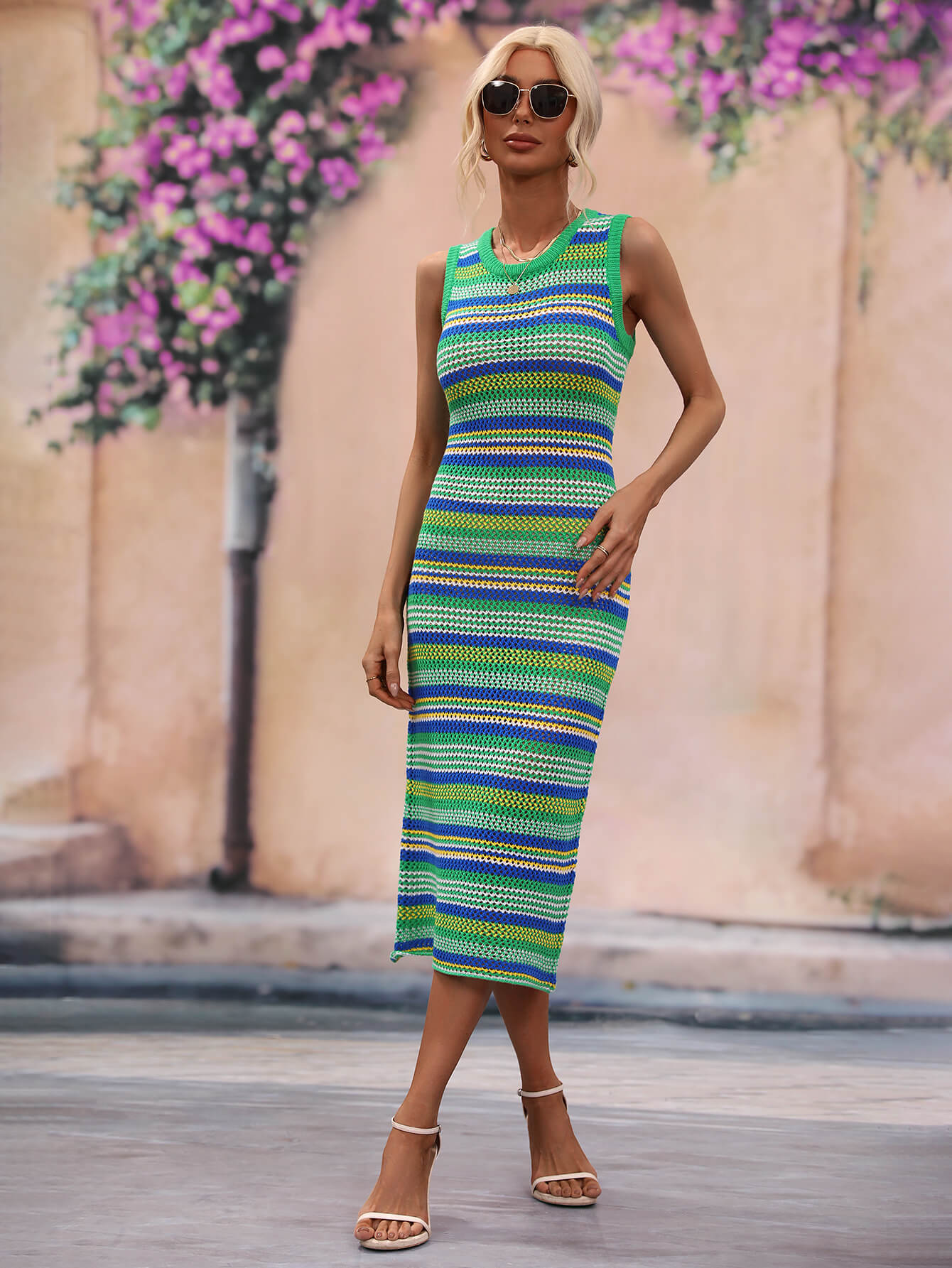 Striped Round Neck Sleeveless Midi Cover Up Dress - The Beaucoup Home