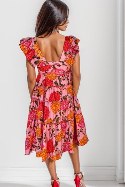 Ruffled Floral Square Neck Tiered Dress - The Beaucoup Home