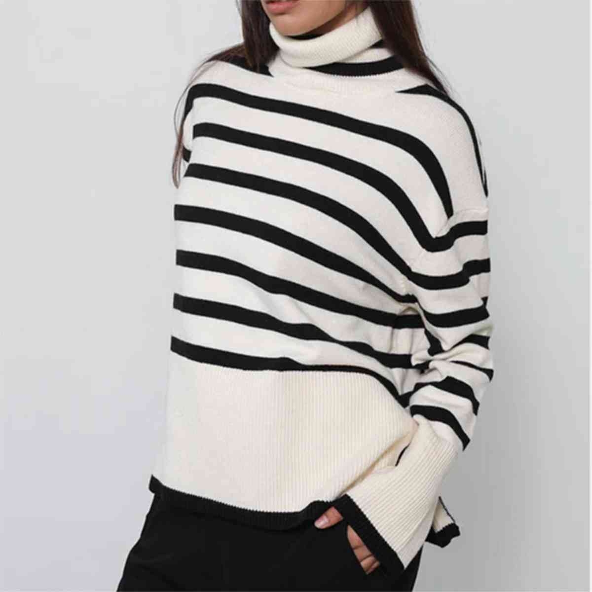 Striped Turtleneck Flare Sleeve Sweater - The Beaucoup Home