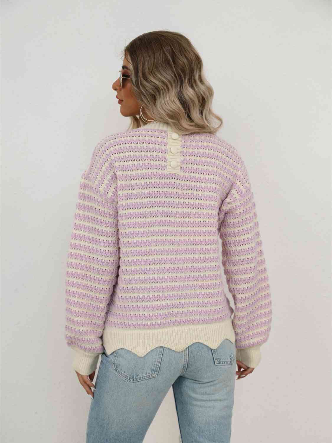 Striped Buttoned Round Neck Sweater - The Beaucoup Home