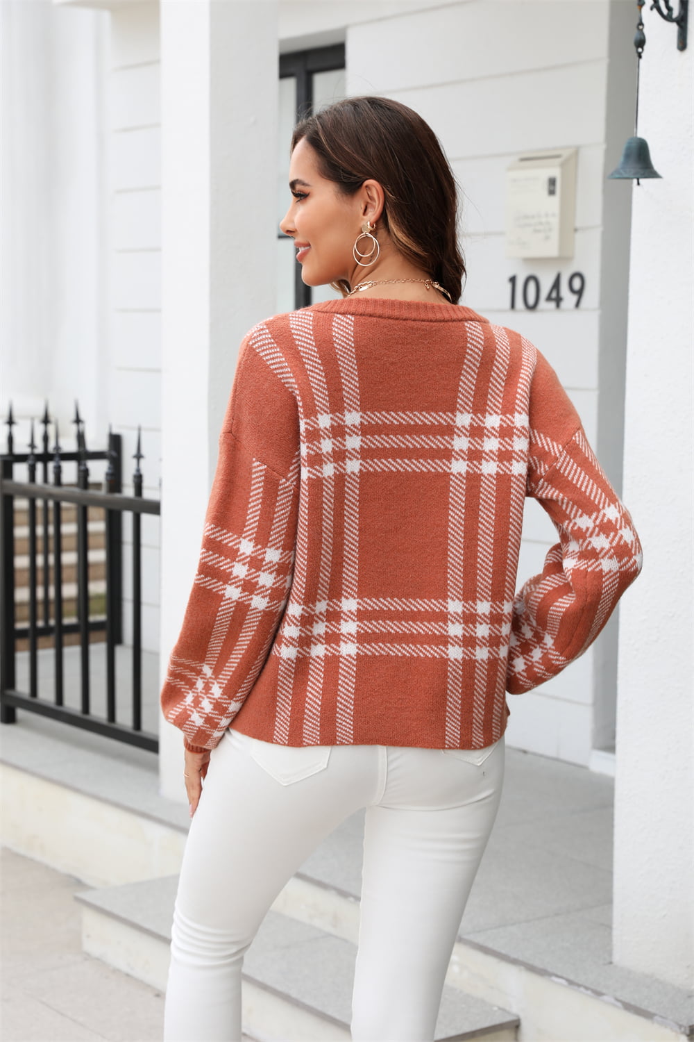 Printed Round Neck Dropped Shoulder Sweater - The Beaucoup Home