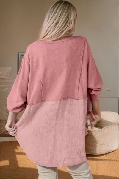 Contrast Texture Round Neck Long Sleeve Blouse - The Beaucoup Home