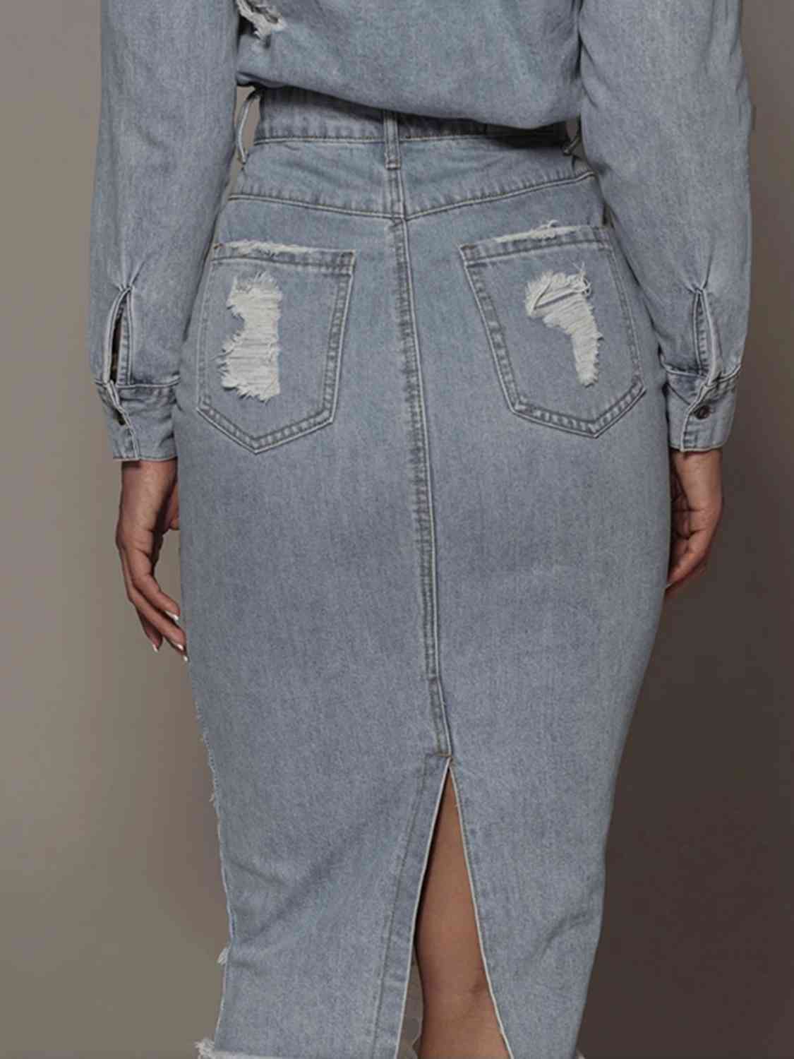 Distressed Slit Denim Skirt - The Beaucoup Home