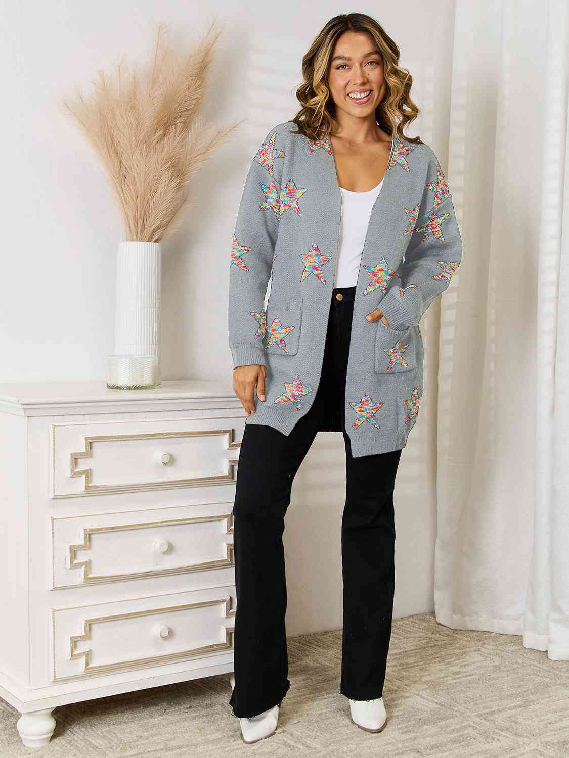 Star Pattern Open Front Cardigan with Pockets - The Beaucoup Home