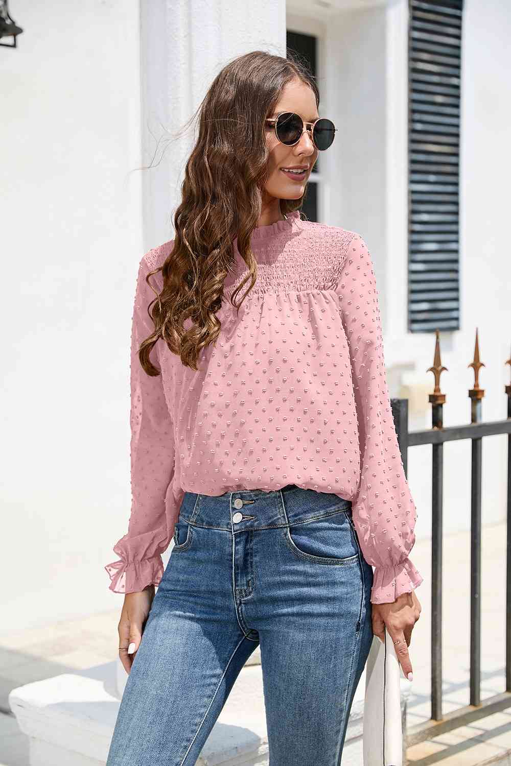 Smocked Mock Neck Swiss Dot Top - The Beaucoup Home