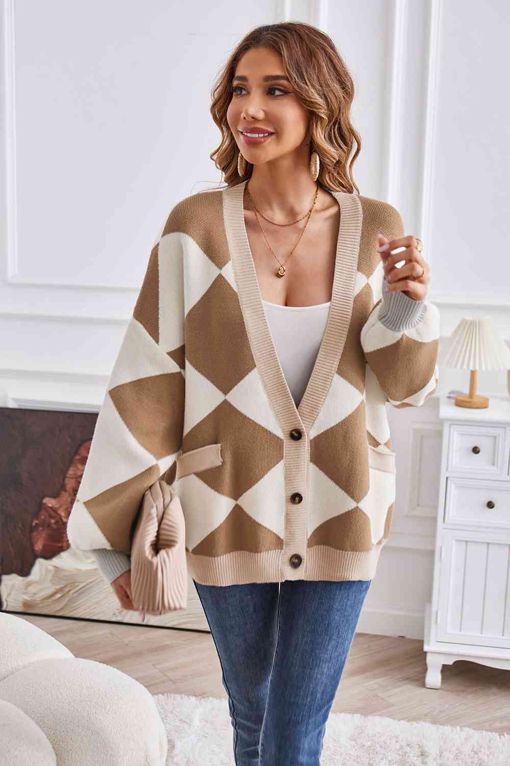 Geometric Lantern Sleeve Cardigan with Pockets - The Beaucoup Home