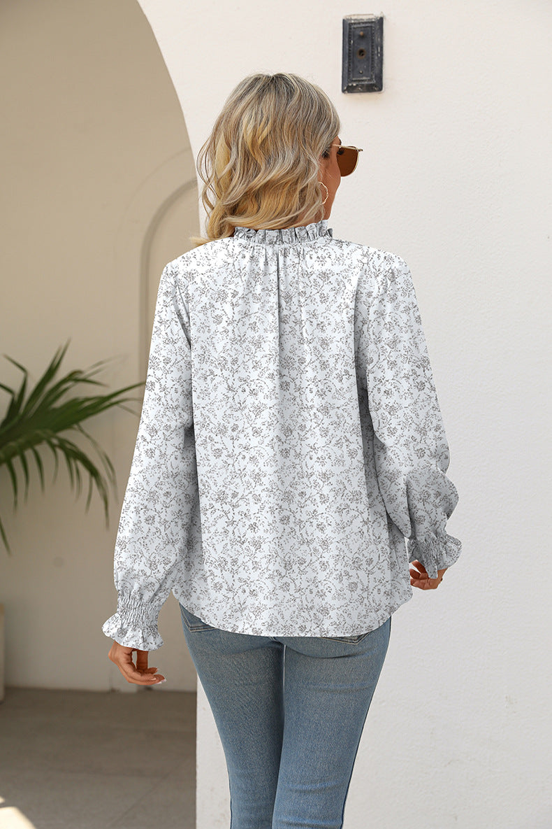 Printed Tie Neck Flounce Sleeve Blouse - The Beaucoup Home