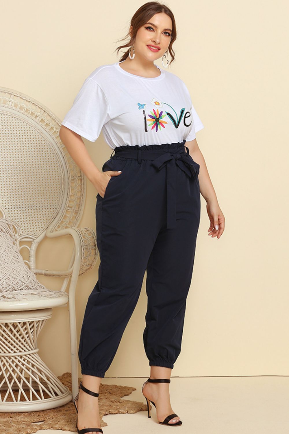 Graphic Tee and Belted Paperbag Joggers Set - The Beaucoup Home