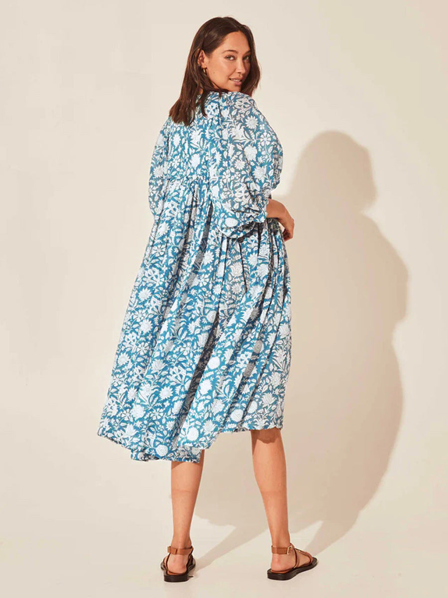 Floral Tie Neck Lantern Sleeve Dress - The Beaucoup Home