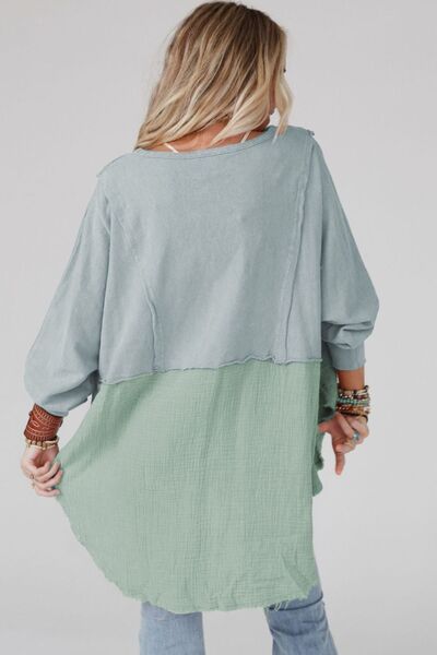 Contrast Texture Round Neck Long Sleeve Blouse - The Beaucoup Home