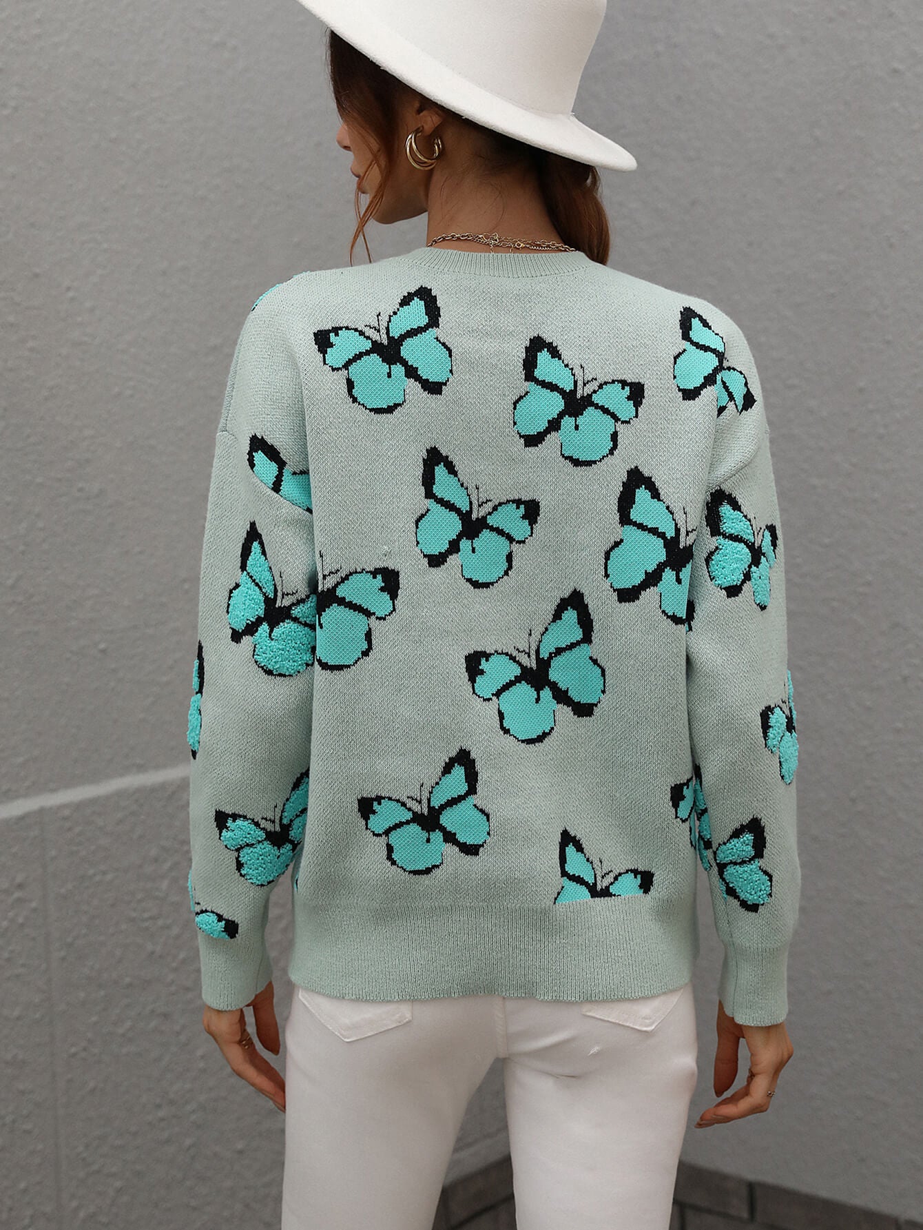 Woven Right Butterfly Dropped Shoulder Crewneck Sweater - The Beaucoup Home