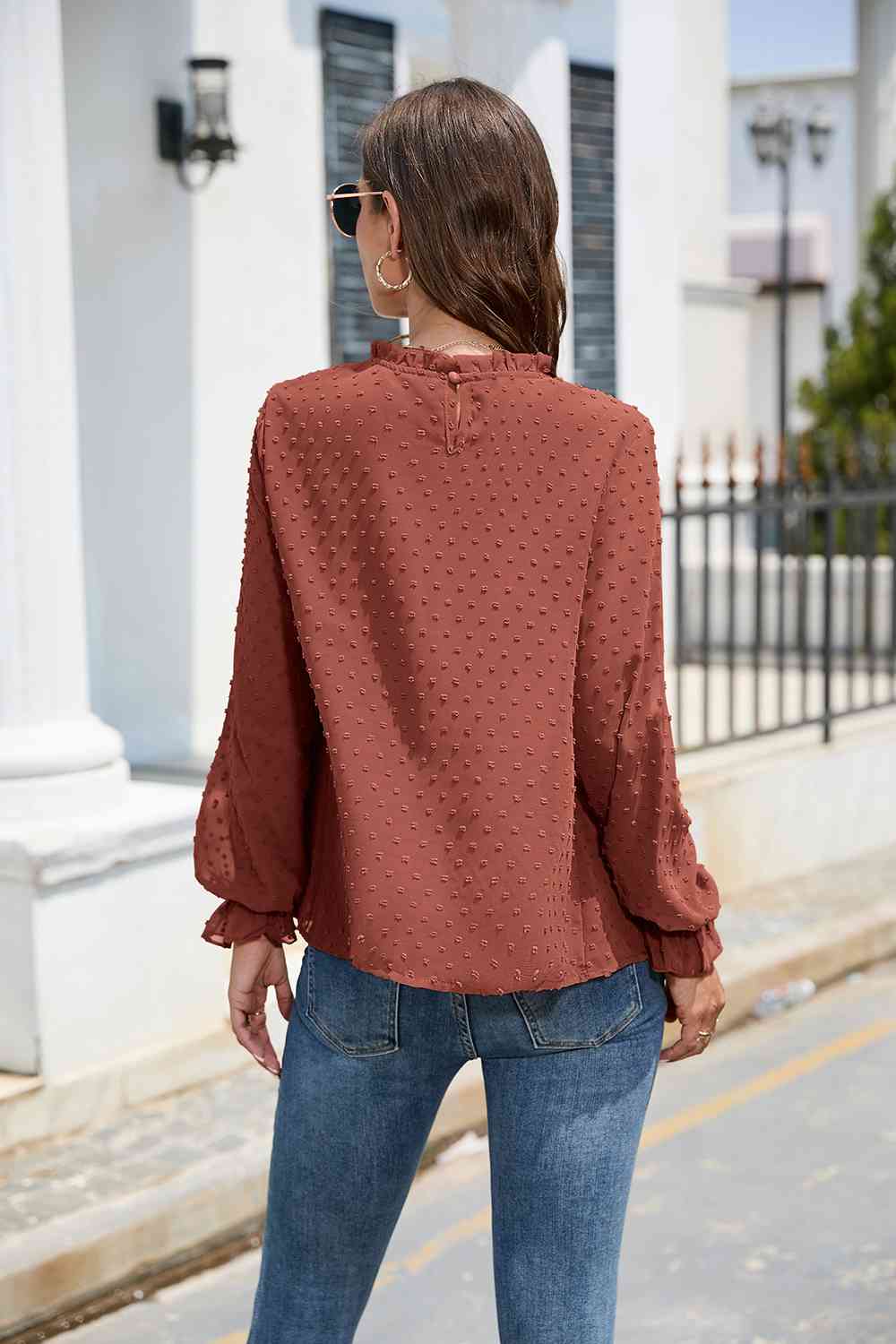 Smocked Mock Neck Swiss Dot Top - The Beaucoup Home