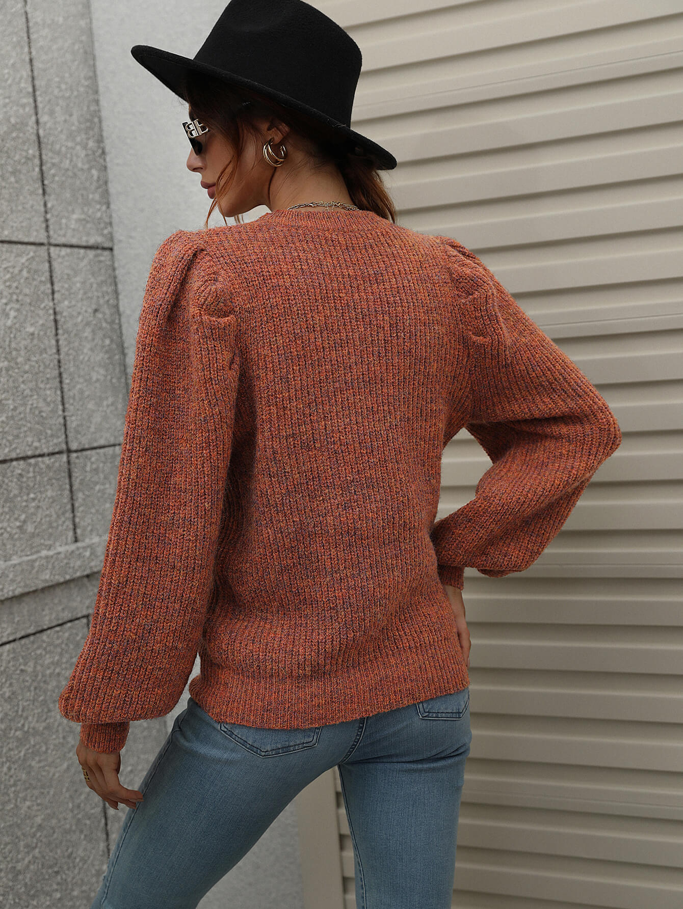 Woven Right Heathered Long Lantern Sleeve Rib-Knit Sweater - The Beaucoup Home