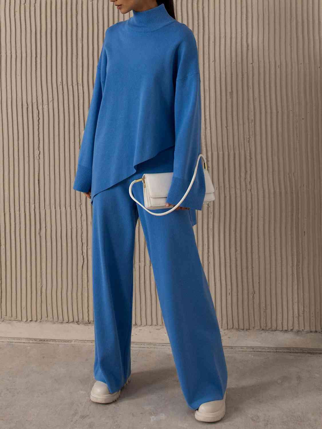 Asymmetrical Hem Knit Top and Pants Set - The Beaucoup Home