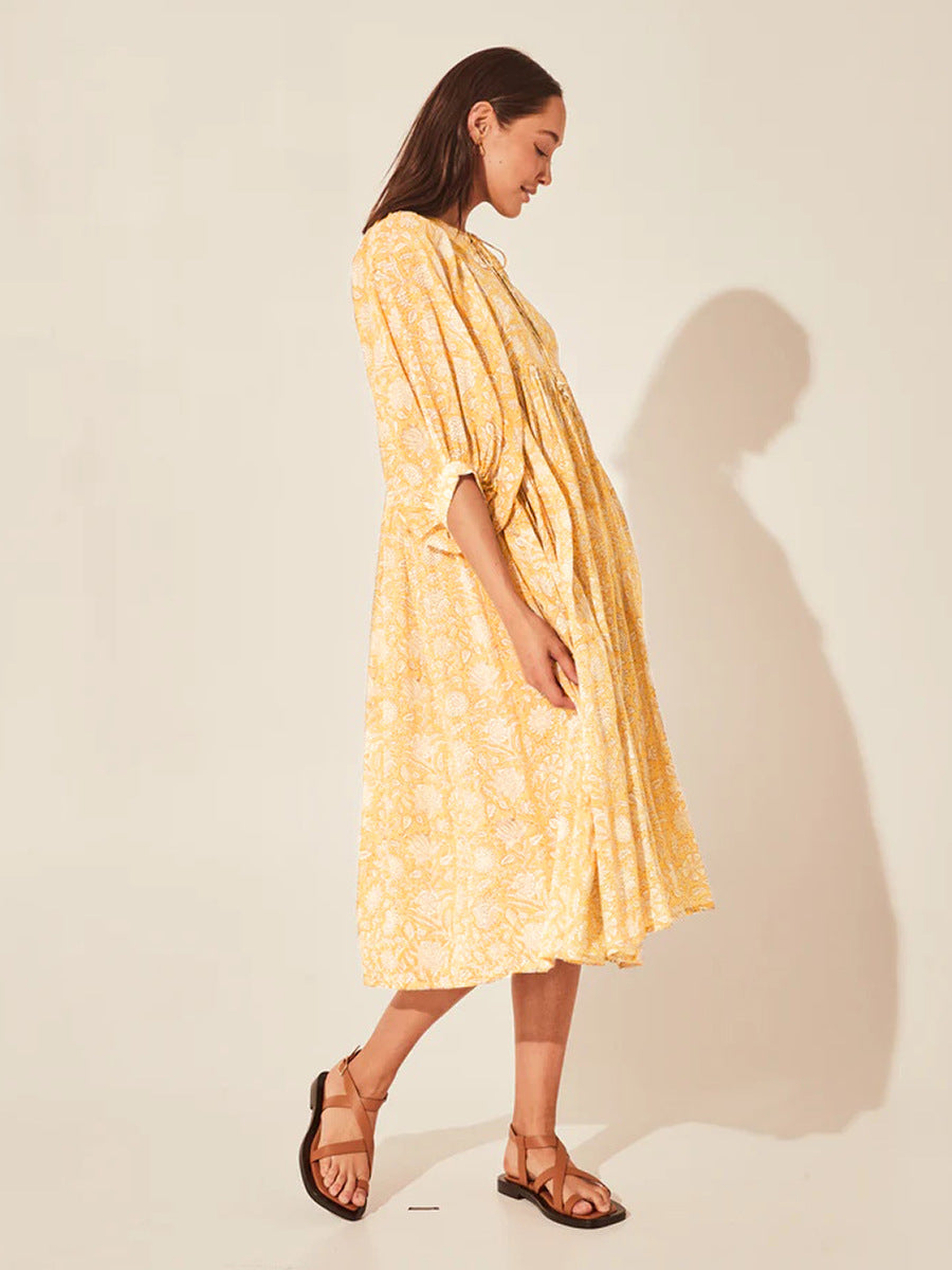 Floral Tie Neck Lantern Sleeve Dress - The Beaucoup Home