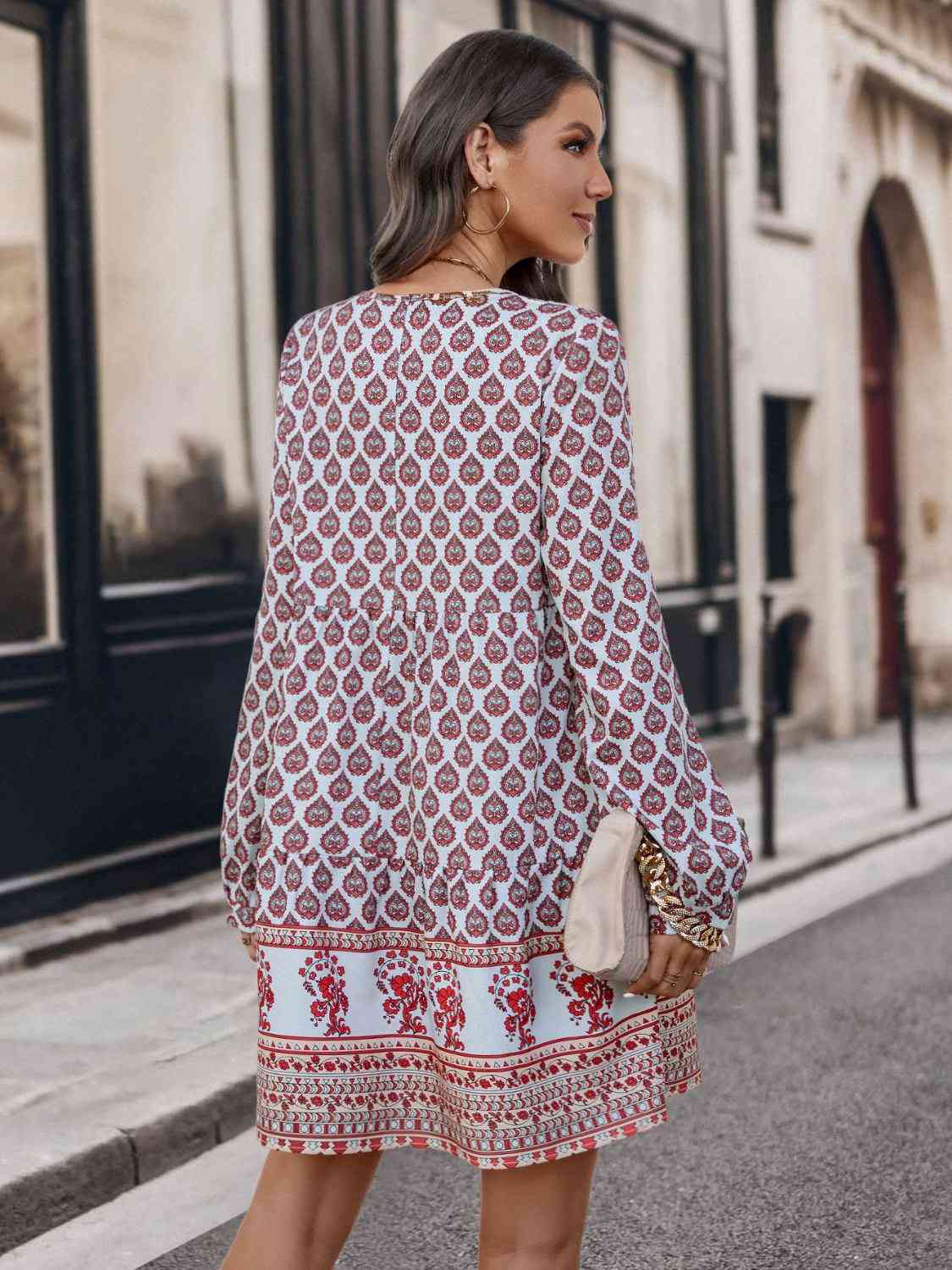 Printed Tie Neck Long Sleeve Dress - The Beaucoup Home