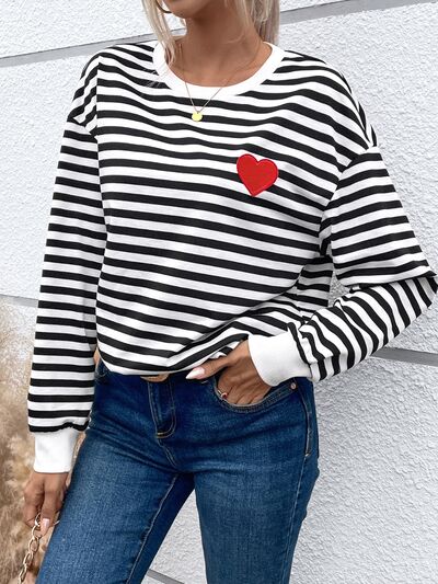 Heart Patch Striped Round Neck Long Sleeve Sweatshirt - The Beaucoup Home