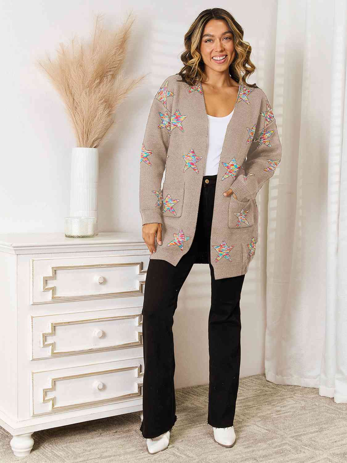 Star Pattern Open Front Cardigan with Pockets - The Beaucoup Home