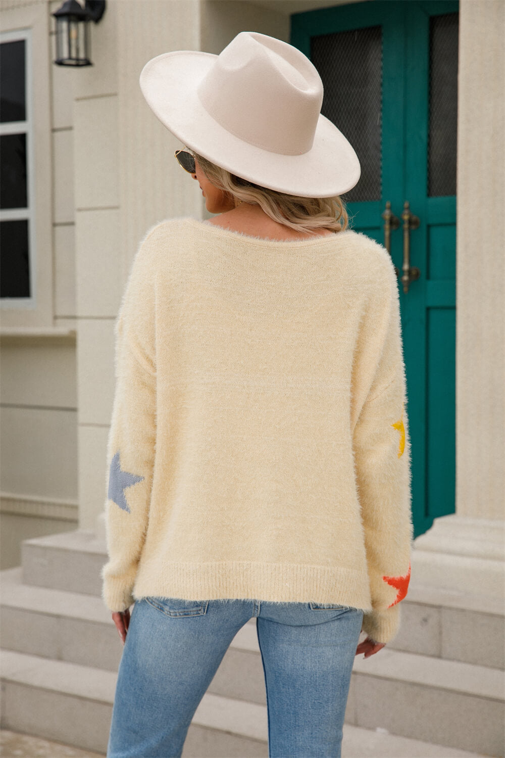 Star Pattern Round Neck Fuzzy Sweater - The Beaucoup Home