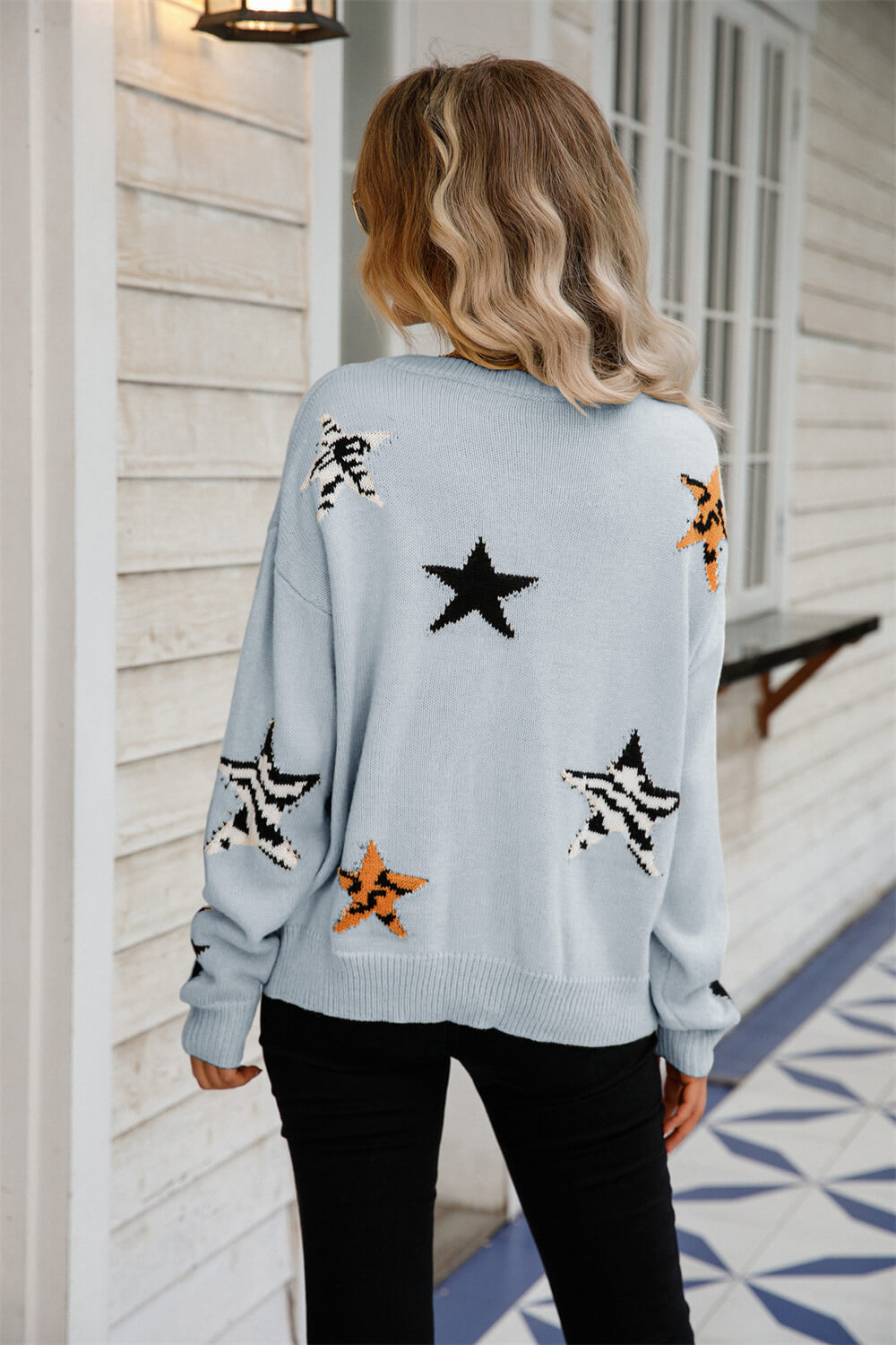 Star Pattern Round Neck Dropped Shoulder Sweater - The Beaucoup Home